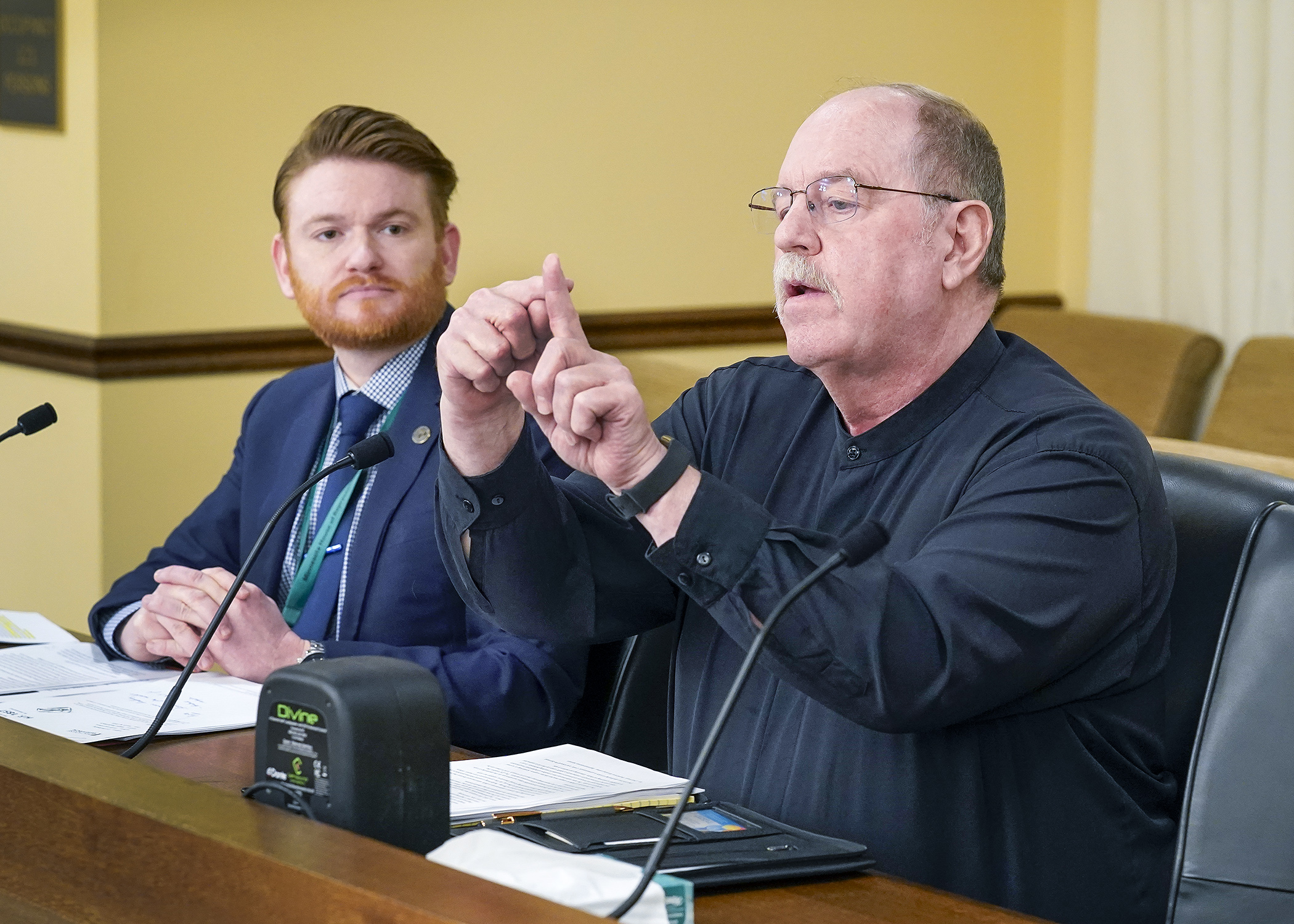 Ronald Gaskin, owner of Main Street Veterinary Service, testifies March 18 before the House agriculture committee in support of a bill sponsored by Rep. Andy Smith, left, that would prohibit elective cat declawing. (Photo by Andrew VonBank)